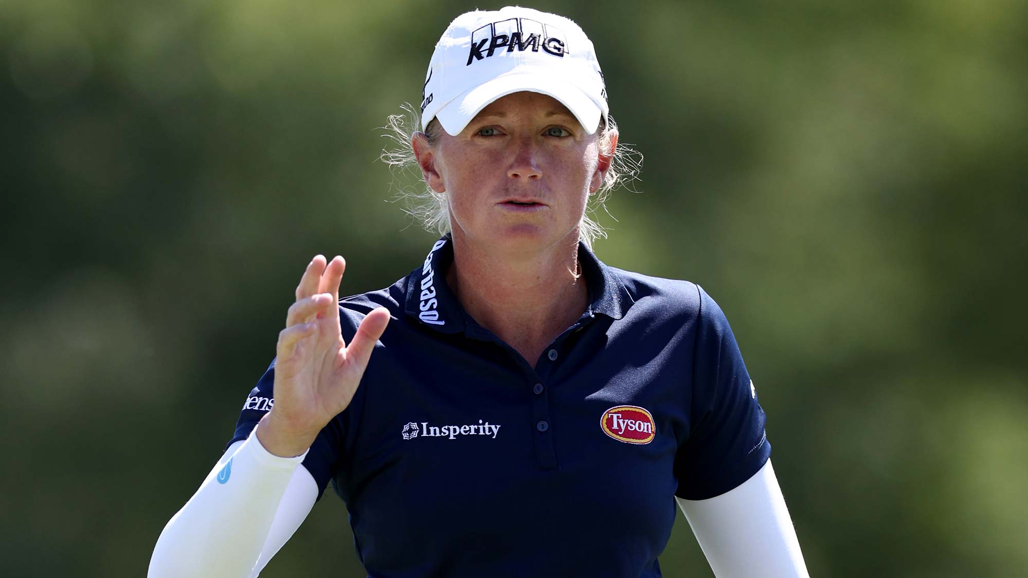 Stacy Lewis reacts to a birdie putt on the eighth green during the first round of The Ascendant LPGA benefiting Volunteers of America at Old American Golf Club 